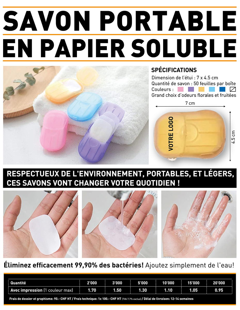 Savon portable en papier soluble